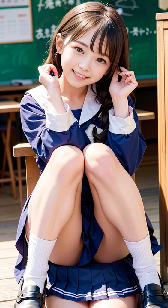 (Highest quality,masterpiece:1.3,Ultra-high resolution),(Ultra high definition、Caustics) (Photorealistic:1.4、RAW shooting、)Ultra-realistic capture、Very detailed、Natural skin texture、masterpiece、(Junior high school sailor uniform:1.3)、One Japanese girl、Adorable expression、Happy expression、、Young face、Amazingly cute、Twin tails、Curly Hair、Black Hair、Scrunchie、Thinning、Medium breast、Junior high school classroom、Shining thighs、Summer sunshine、smile、An inviting gaze、Cowboy Shot