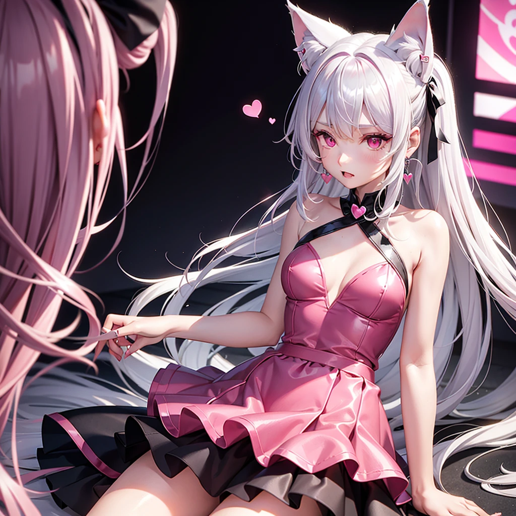 Silver hair, pink eyes, body, cat ears, sexy girl, earrings, hearts background fantasy, red pink skirt uniform, hair bows