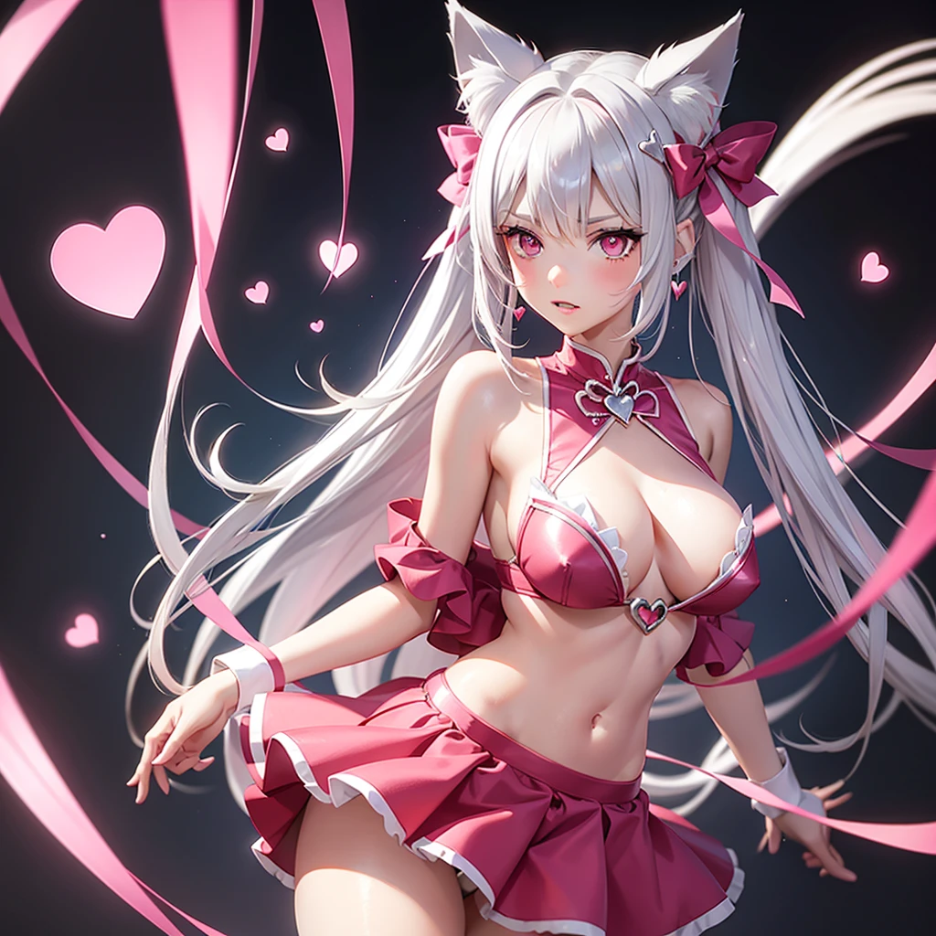 Silver hair, pink eyes, body, cat ears, sexy girl, earrings, hearts background fantasy, red pink skirt uniform, hair bows