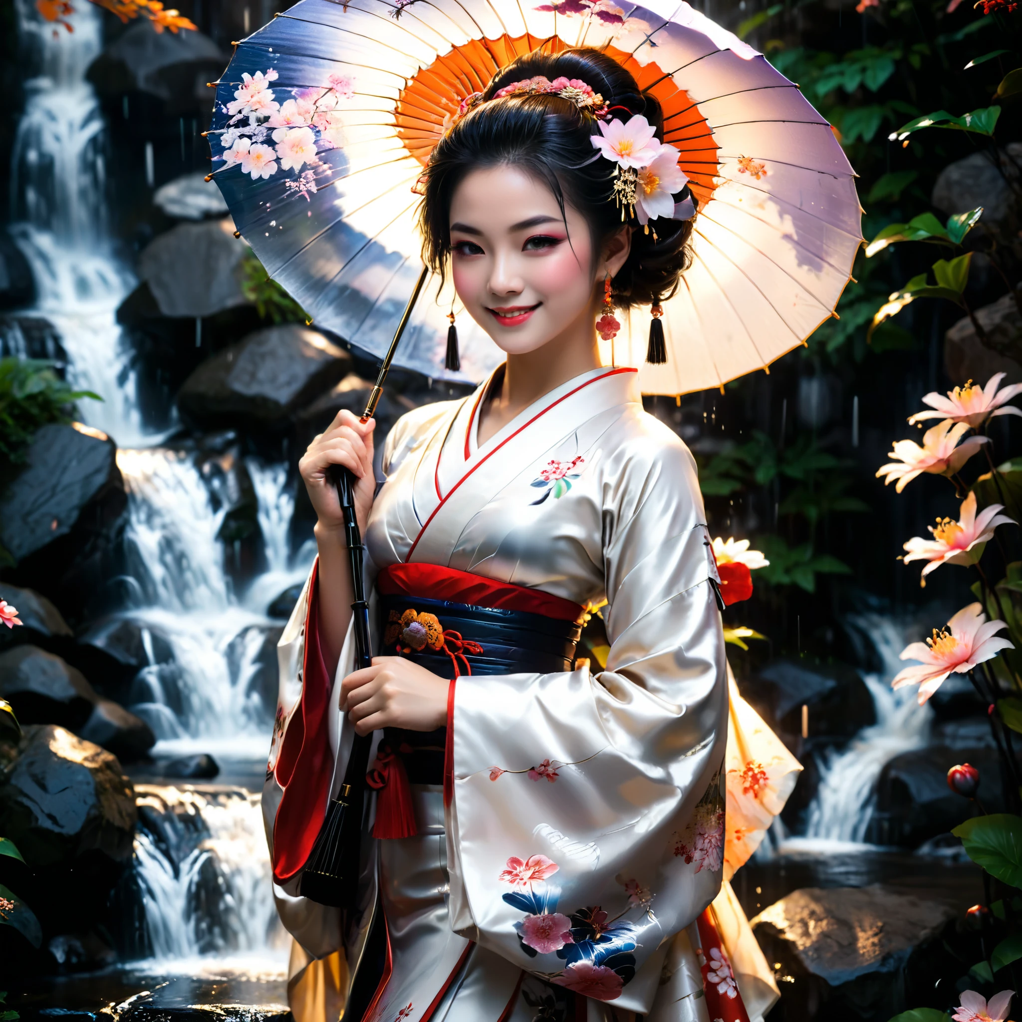 geisha,hair pin,gorgeous smile,umbrella,perfect anatomy,standing,innocent,flower,waterfall,cinematic lighting,(masterpiece,8k,Professional,perfect composition,very aesthetic,absurdres,ultra-detailed,intricate details:1.4),perfect proportion