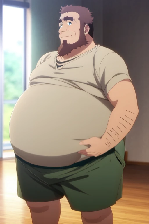 umiyan, guden gousuke, old man, standing, bedroom, full body, embarrassed, white tank top, green shorts, bare legs, wet body, sweaty, parted lips, best quality, brown hair, fat man, masterpiece, extremely detailed, sideburns, green eyes, facial hair, body hair, beard, thick eyebrows, fat belly, round belly, plump belly, big belly, thick arms, broad shoulders, hands rubbing across body, hands on belly, heavy breathing, blushing 