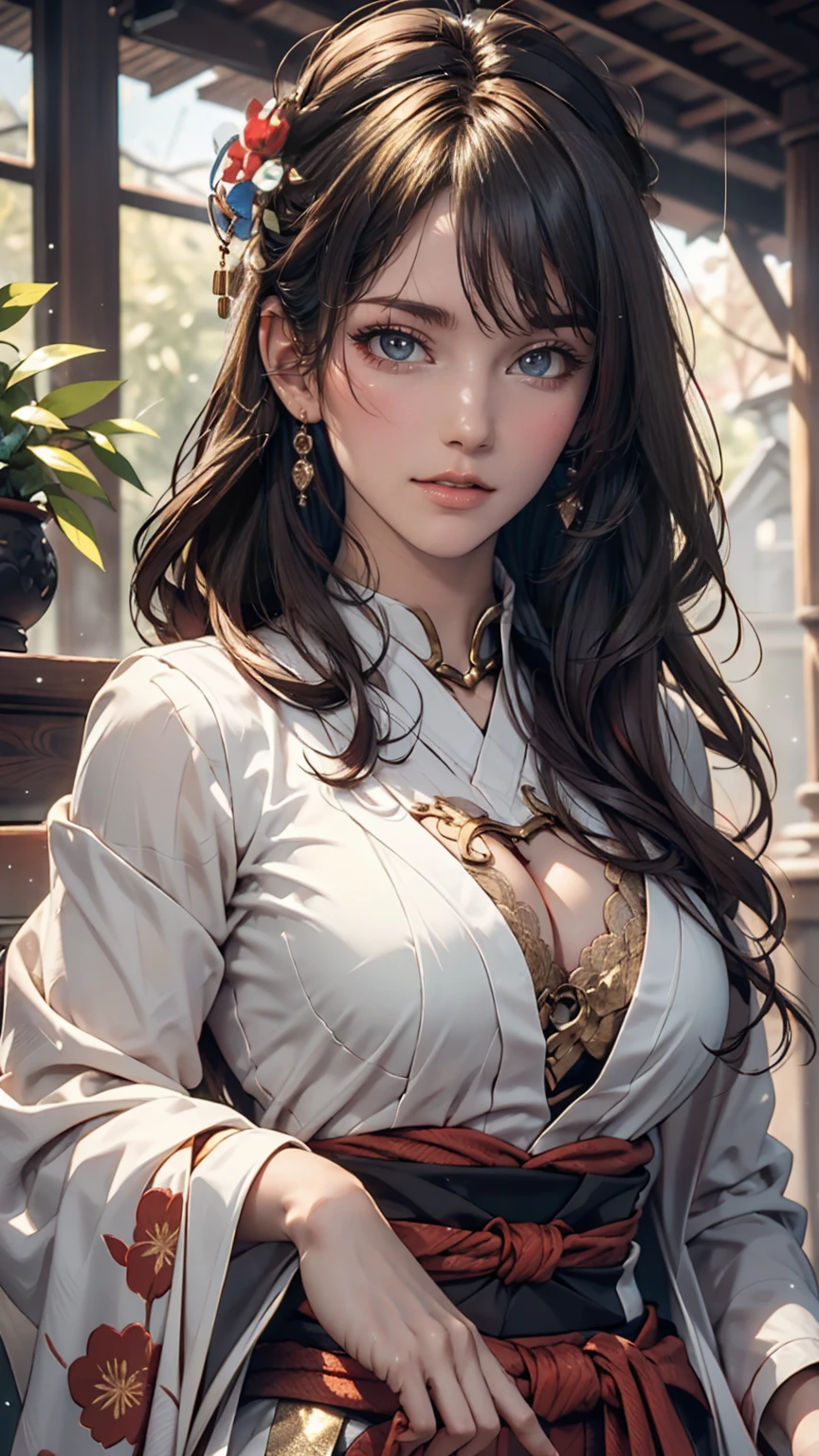 Portrait photo of a Japanese female android in her mid-twenties made of white and silver transparent glass and plastic, Geisha Makeup, black hairstyle, Silver and gold metal internals, Dynamic pose, Flowing organic structure, Detailed engraving, Lace knitting designs, Shiny gold circuit, coloRful Neon Trim, Detailed engraving, Lace knitting designs, Glowing Circuit, Neon Trim, art:H.R. Giger, GReg Rutowski