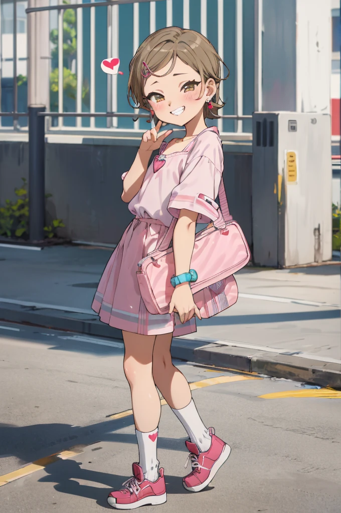 masterpiece, best quality, absurdres, 
1girl, ,, blush, (((gyaru))),socks,looking viewer,,spoken heart,6yo,(petite),flat chest,,outdoor,grin,,socks,earring,standing,from side