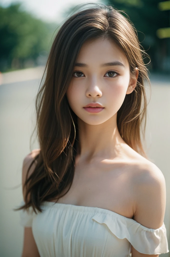 Small cute breasts, whole body, Film Portrait Photography, One girl, Bare shoulders, Shoulder-length wavy hair, Calm, Calm, (Realistic eyes, Natural skin texture, Realistic facial details), Soft and dramatic lighting, Depth of written boundary, Bokeh, Vivid details, In detail, Surreal, 35mm Film, Absent-minded, movie,