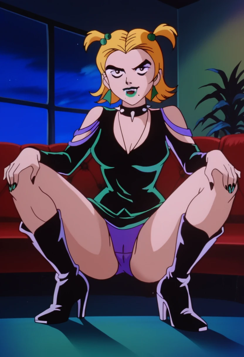 score_9, score_8_up, score_7_up, zPDXL, SD90style, retro artstyle, source_cartoon, 2D, goth fashion, Duskhex, Green lipstick, no eyebrows, green earrings, jewelry, blonde hair, spiked collar, mole under mouth, makeup, spikes, sky, hair ornament, choker, lipstick, hair bobbles, night, indoors , black eyes, short hair, full body, by couch, dark room, high boots with heel, squatting, around, seductive smile, spread legs, panties, cameltoe,