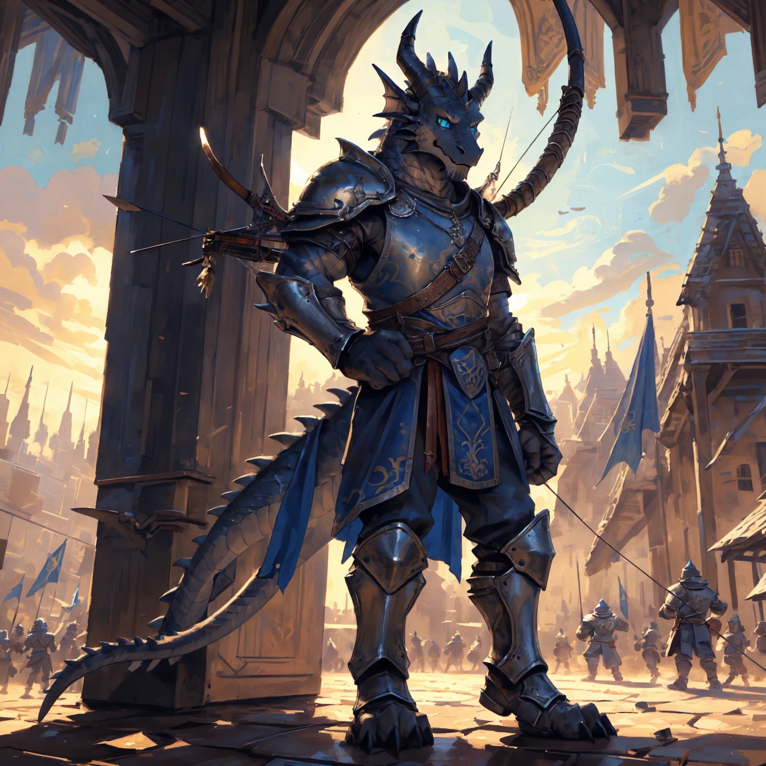 ((middle Ages:1.3,Range background:1.5)),Royal Family:1.2,((Crossbowmen:1.6,Crossbow in hand:1.5)),((sunny:1.4)),high resolution,4K,(((whole body:1.1,Strike a pose:1.5))),masterpiece,high quality,((dragon)),male,dragonFurry,(teenager:1.3),hairy,((Heroic and Calm:1.4)),(((Slender face:1.2,Lean:1.2,Long legs:1.3,Thick dragon tail:1.2))),(((Gray head:1.2,Blue pupils:1.2,neck:1.3,Gray Hands:1.4,muscle:1.3))),(((White Armor:1.3,There is a blue flag on the armor:1.4))),Exquisite eyes,Detailed body,Detailed hands,Detailed feet,Kenket's Art