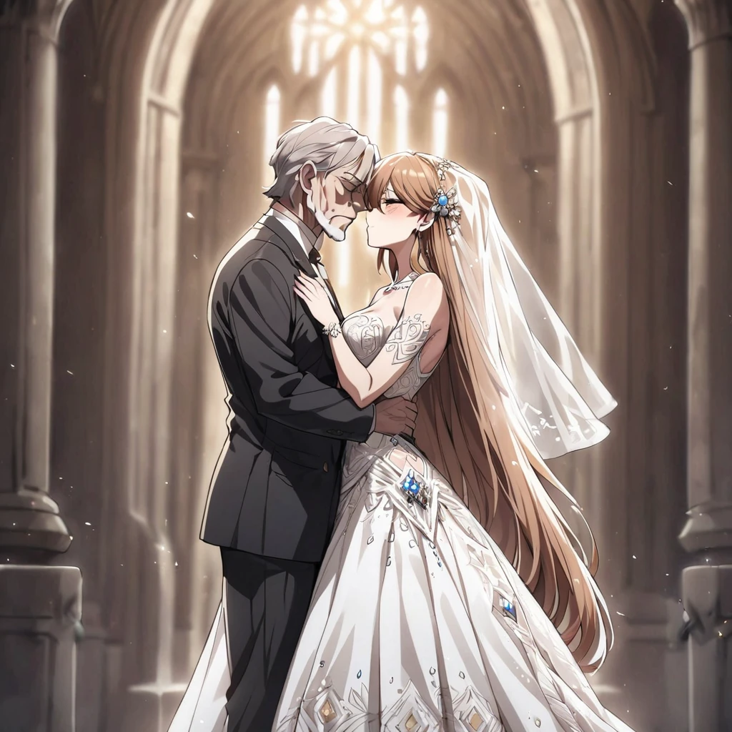 ((Highest quality)), ((masterpiece)), (detailed), （Perfect Face）、The woman is Princess Leona, a strong, dignified, and powerful old man who is a villain, and they embrace each other, kissing as they get married. She has medium-long light brown hair, and is wearing a gorgeous, glittering, and jeweled wedding dress and wedding veil. They are holding hands and kissing as they get married in a gorgeous church with the strong, dignified, and powerful old man who is a villain, the general.、The woman has medium-long hair, is brainwashed, has no expression, and has no highlights in her eyes.