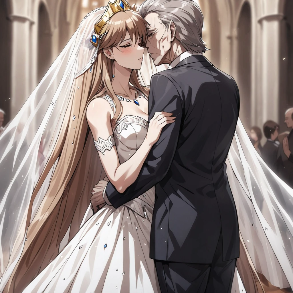((Highest quality)), ((masterpiece)), (detailed), (Perfect Face)、The woman is Princess Leona, a strong, dignified, and powerful old man who is a villain, and they embrace each other, kissing as they get married. She has medium-long light brown hair, and is wearing a gorgeous, glittering, and jeweled wedding dress and wedding veil. They are holding hands and kissing as they get married in a gorgeous church with the strong, dignified, and powerful old man who is a villain, the general.、The woman has medium-long hair, is brainwashed, has no expression, and has no highlights in her eyes.