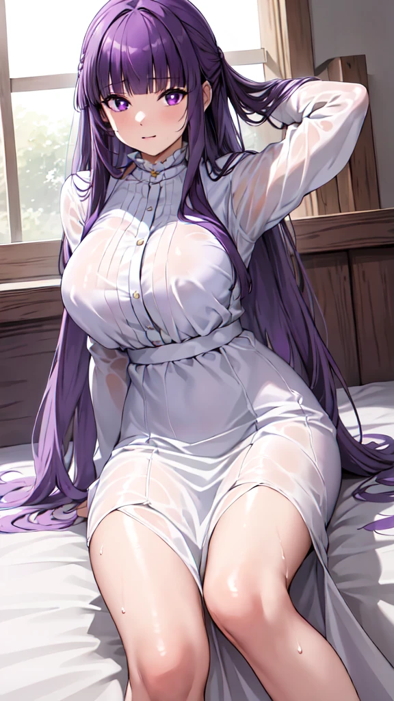 masterpiece, Highest quality, High resolution, Arfern, Long Hair, Purple Hair, Blunt bangs, Purple eyes, Large Breasts, Long dress, White Dress, Long sleeve, Sitting,arms behind head,wet cloth, Bedroom,(Puffing one's cheeks), Cowboy Shot,