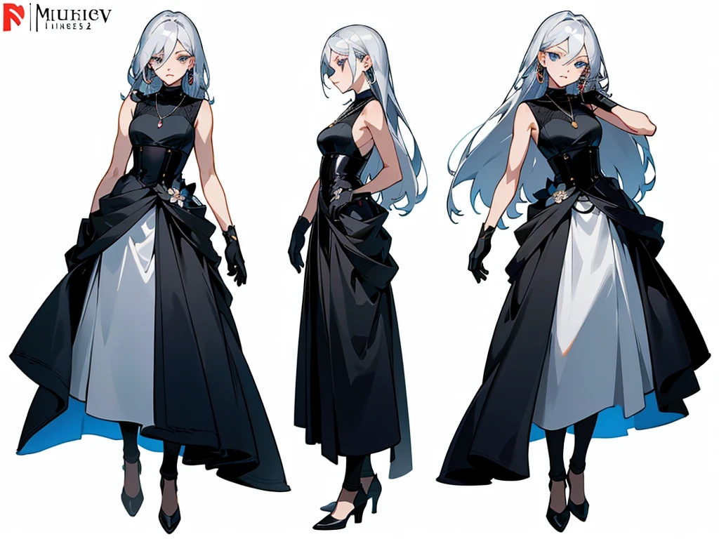 Masterpiece: 1.6, best quality: 1.4, live image: 1.2, intricate details: 1.2, charturnerv2: 1.2, 1lady full body character change,
Appearance: milf: 1.25, thin: 1.3, light blue eyes, medium breasts, detailed eyes, quality eyes,
Clothing: black sleeveless dress, black gloves
Accessories: simple hoop earrings, black necklace, small flowers in the hair,
Hair: silver hair, long hair, straight hair
Makeup: natural, shiny skin,
(single background, white background: 1.3), multiple views, multiple views of the same character in the same outfit: 1.3.
Eyes red left side and gray right side