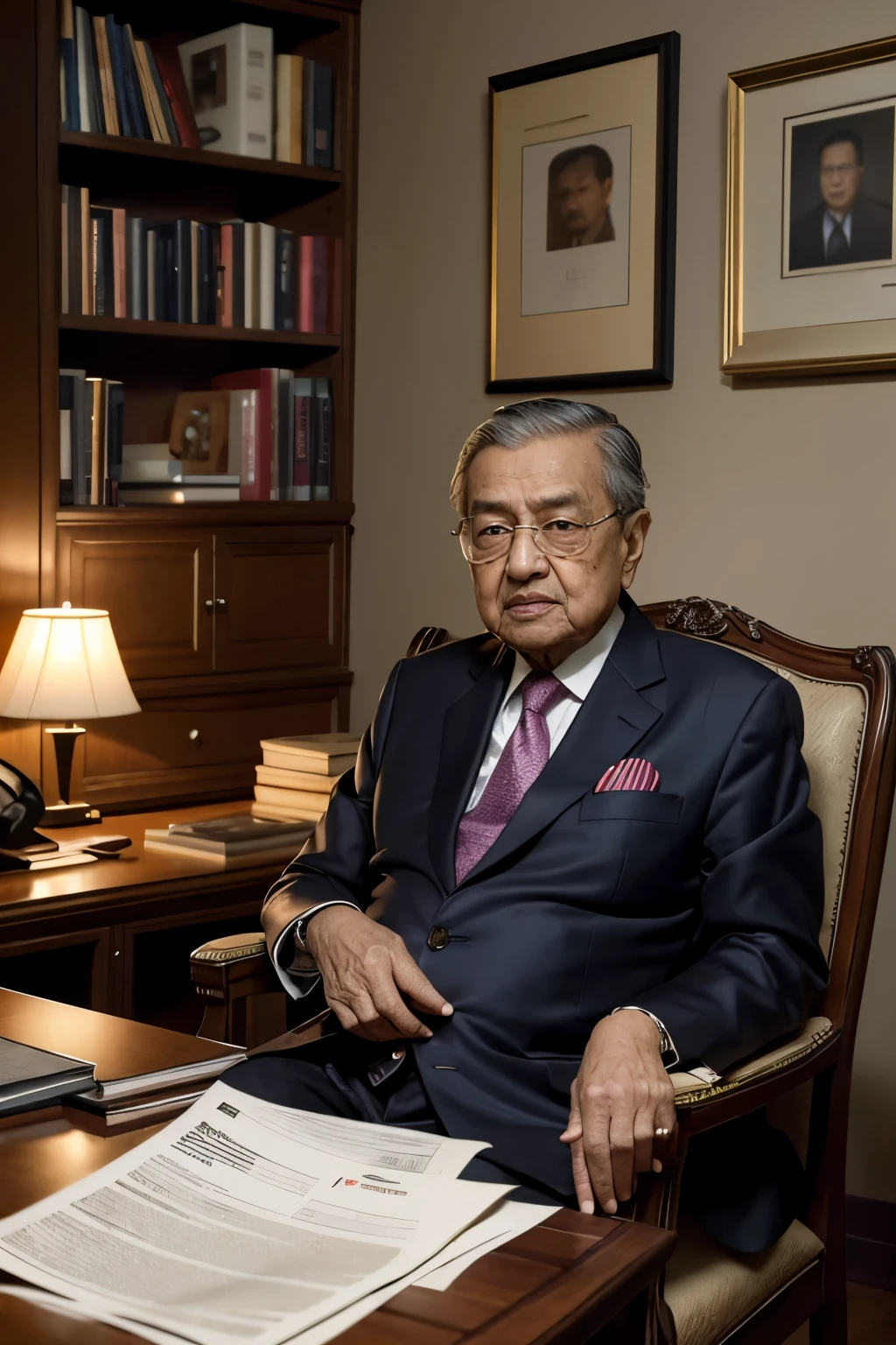 High-Resolution, Best Quality Masterpiece: 1.3, Realistic Portrayal of Mahathir Mohamad, Aged and Wise, Full-length, Former Prime Minister of Malaysia, Powerful Figure, Dignified Posture, Steely Gaze, Uniform, National Flag Pin on Lapel, Container of Traditional Malaysian Food, Comfortable Chair, Office Setting, Symbols of Power, Books, Desk, Wall with awards and newspaper clippings, Subdued Lighting, Soft Shadows, 8k

RAW, Best quality, high resolution, masterpiece: 1.3), Mahathir Mohamad, Elderly Statesman (iu