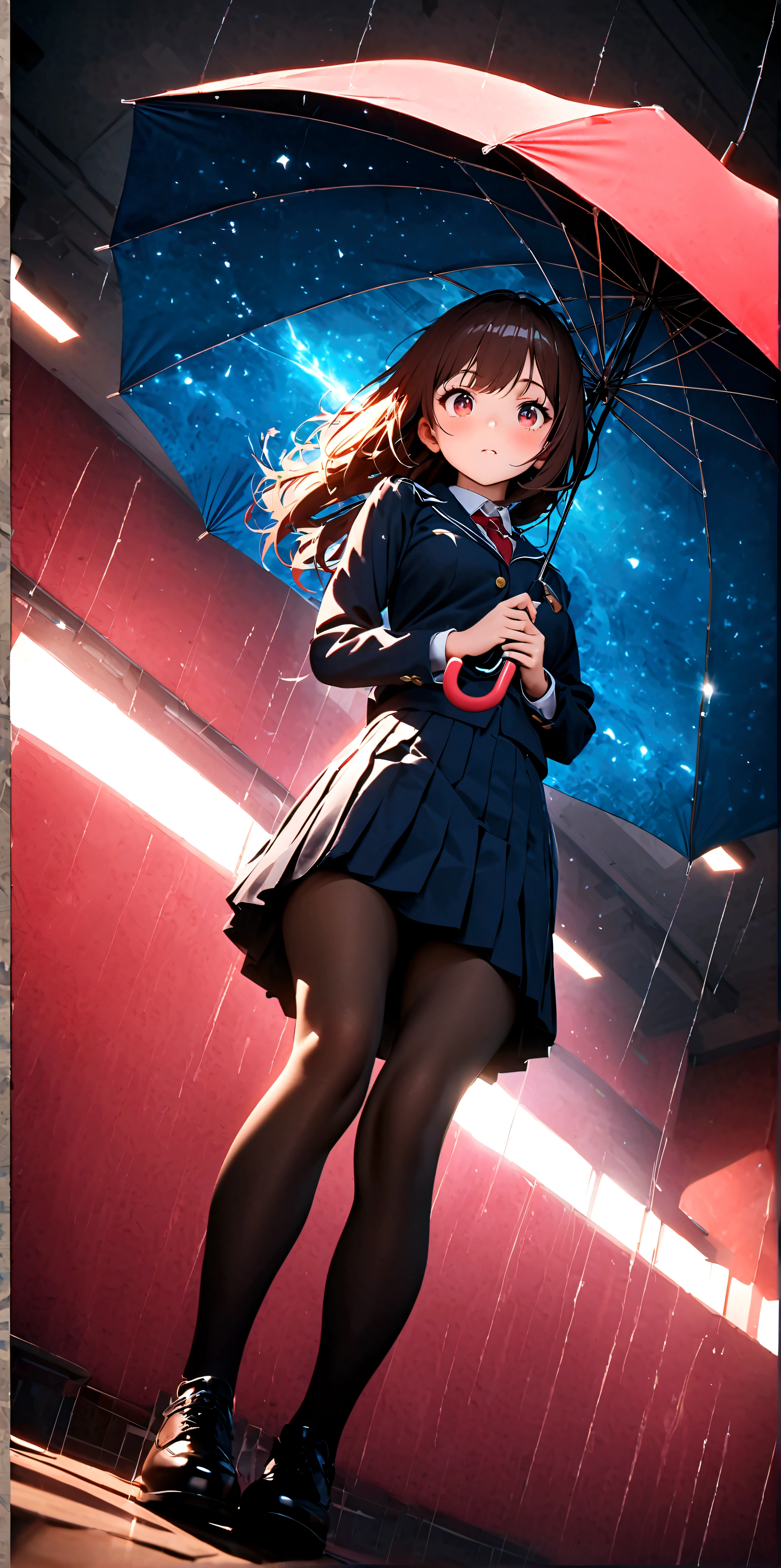 quality\(8k,wallpaper of extremely detailed CG unit, ​masterpiece,hight resolution,top-quality,top-quality real texture skin,hyper realisitic,increase the resolution,RAW photos,best qualtiy,highly detailed,the wallpaper,cinematic lighting,ray trace,golden ratio\), BREAK ,A girl\(student uniform,beautiful, young, big eyes, cosmic eyes, long eyelashes, long floating hair, beautiful eyes, surprised face,breast,(holding umbrella:1.5),looking up,looking away,at outside\((very dark:1.3),heavy rain\)\), BREAK ,inside umbrella\(starry sky\(shining stars,beautiful nebulaes,shooting stars\)\), ,(from below:1.4),viewer can see the inside of the umbrella,full body