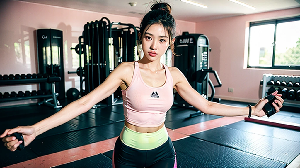 1girl, Running, gym, tight light pink workout clothes,