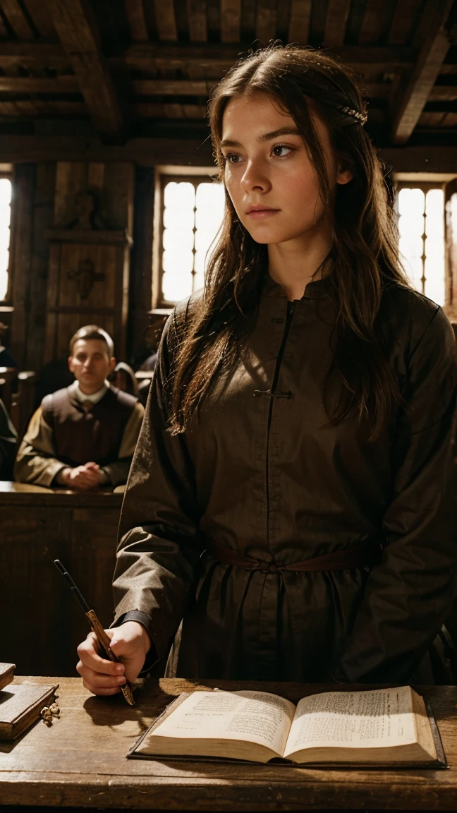 A young blomde woman facing trial in a medieval courtroom surrounded by judegs . Wide shot