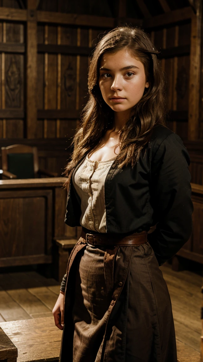 A young blomde woman facing trial in a medieval courtroom surrounded by judegs . Wide shot