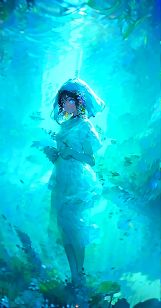 (Pieces fly), (Highest quality), Very detailed, 1 Girl, Perfect Face, (Solo full body shot:1.3), Very detailed顔,(Short bob with blue hair:1.5),(blue eyes:1.4),(Underwater:1.4),(White Dress:1.5),Ocean,School of small fish,Light,bubble,jellyfish,Ocean藻,(深Ocean:1.4),Fantasy,Ocean底,float,(smile:1.3)
