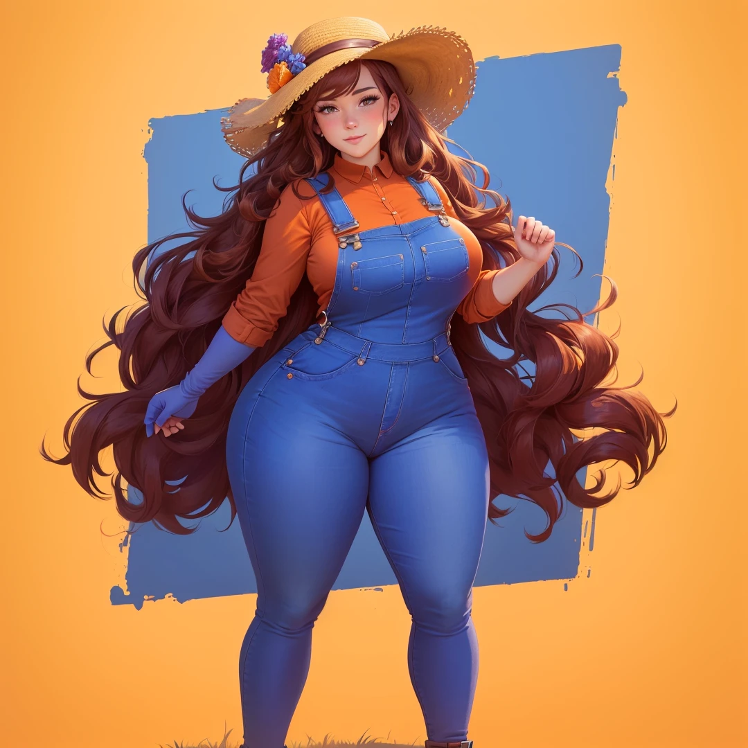 a cartoon picture of a woman in a hat and overalls, abigail from stardew valley, commission for high res, madeline from celeste, fullbody commission for, thicc, full body portrait of a short!, character is in her natural pose, (sfw) safe for work, oc commission, sfw version, some orange and blue, full body:: sunny weather:: brown hair Red shirt
