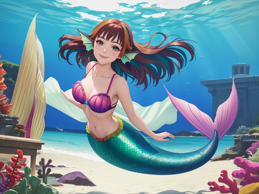 masterpiece, best quality:1.2), 1girl, smile, looking at viewer, green eyes, short brown multicolored hair, mermaid, mermaid girl, wearing purple seashell bra, laying on beach, colorful mermaid tail, head fins, fin ears, underwater, under the ocean