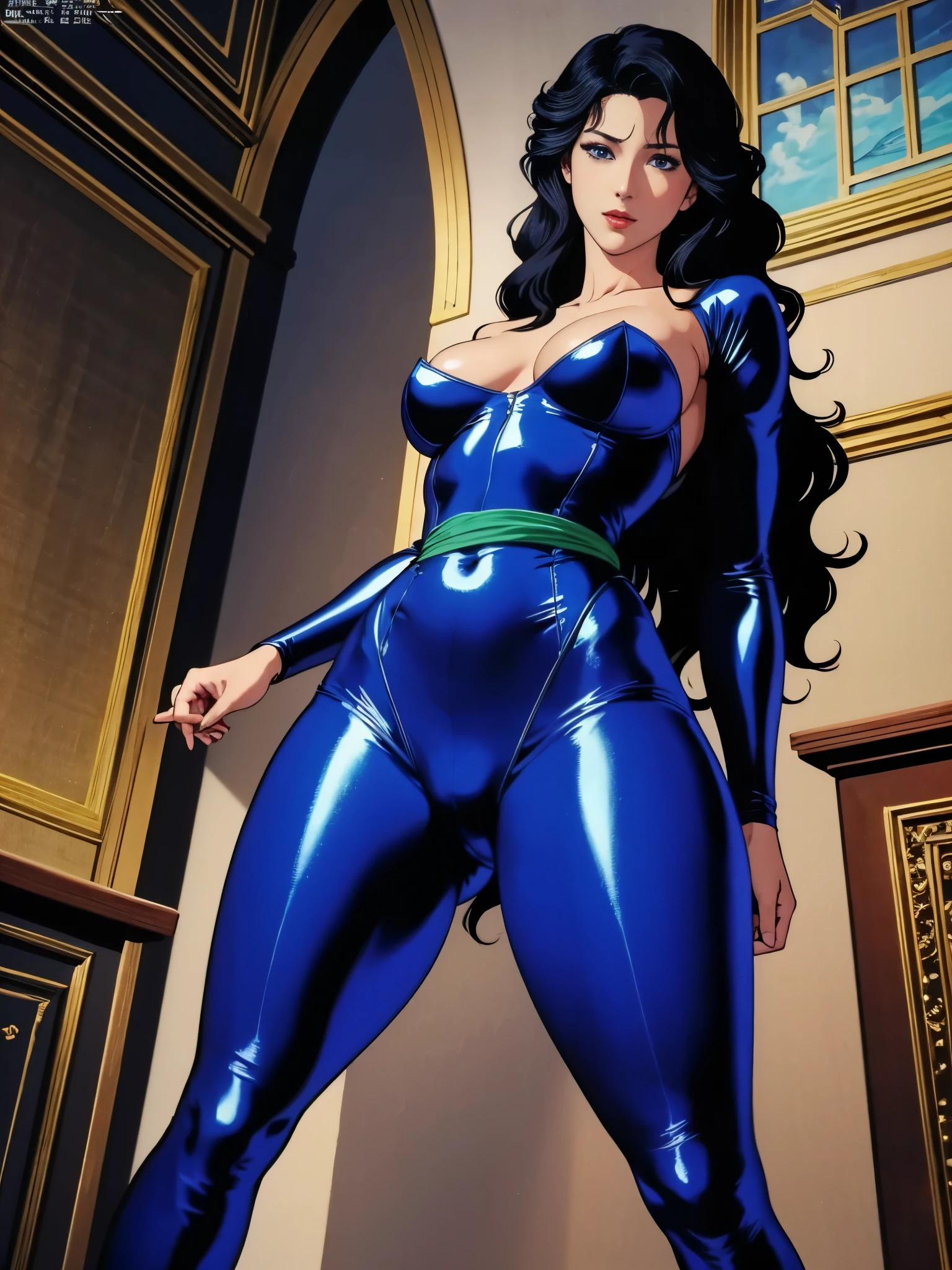((masterpiece)), Highest quality, Very detailed, Absurd, 8K, wonderful, Very detailed, The finer details, Browsing Caution, (Very complicated:1.2), (Very delicate), Very detailed, RuiKisugi, 1 Female, Long Hair, Wavy Hair, Black Hair, eyelash, blue eyes, lipstick, Purple bodysuit, Strapless, No sleeve, Green sash, One girl, (whole body:1.2), (Finding_stance:1.3), Very detailed face, Nice fine detail, Perfect Eyes, Fascinating eyes, Beautiful attention to detail, Small Mouth, Fascinating_smile, Mature Woman, Mature Woman, Body with nine heads, thin, compensate, Big Breasts, (museum:1.3), (Urzan-6500-v1.1), Detailed fingers, Perfect hands, Length 180cm,Small face,sweating, Soft thighs,Sexy legs,Sexy ass, Cleavage,Open the chest,Angle from below,(Low angle shot:1.1),((Amazing orgasm)),赤いlipstick, whole body写真撮影,大きなSexy ass, Perfect Body Proportions, Slim waist,Nipples visible,Tight waist,(Long legs:1.2),Shiny skin,