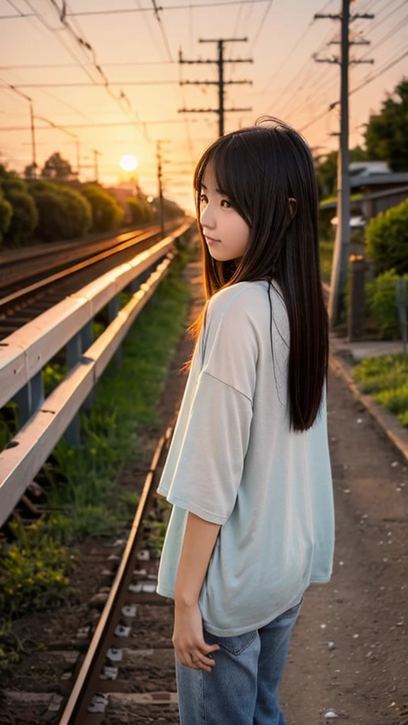 Sunset, over the fence along the railroad tracks, a Japanese girl in her 20s walking along the side road, back view