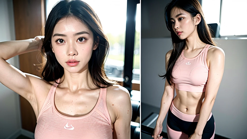 1girl, Running, gym, tight light pink workout clothes,