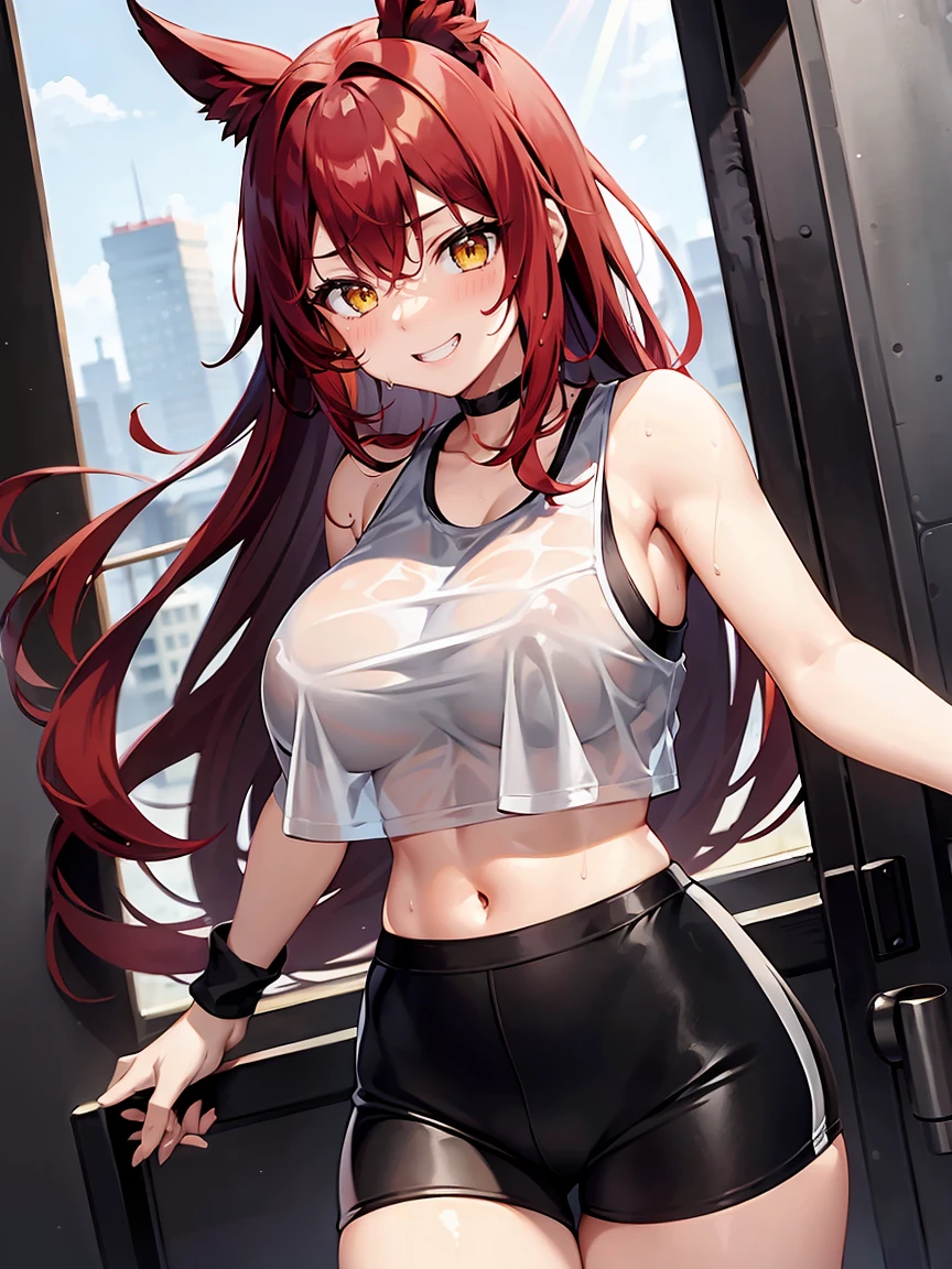 Red hair ponytail、Yellow Eyes、High school girls、A wet, see-through black tank top and black leggings、Gym、Big Breasts、Grin、Sweat:1.5