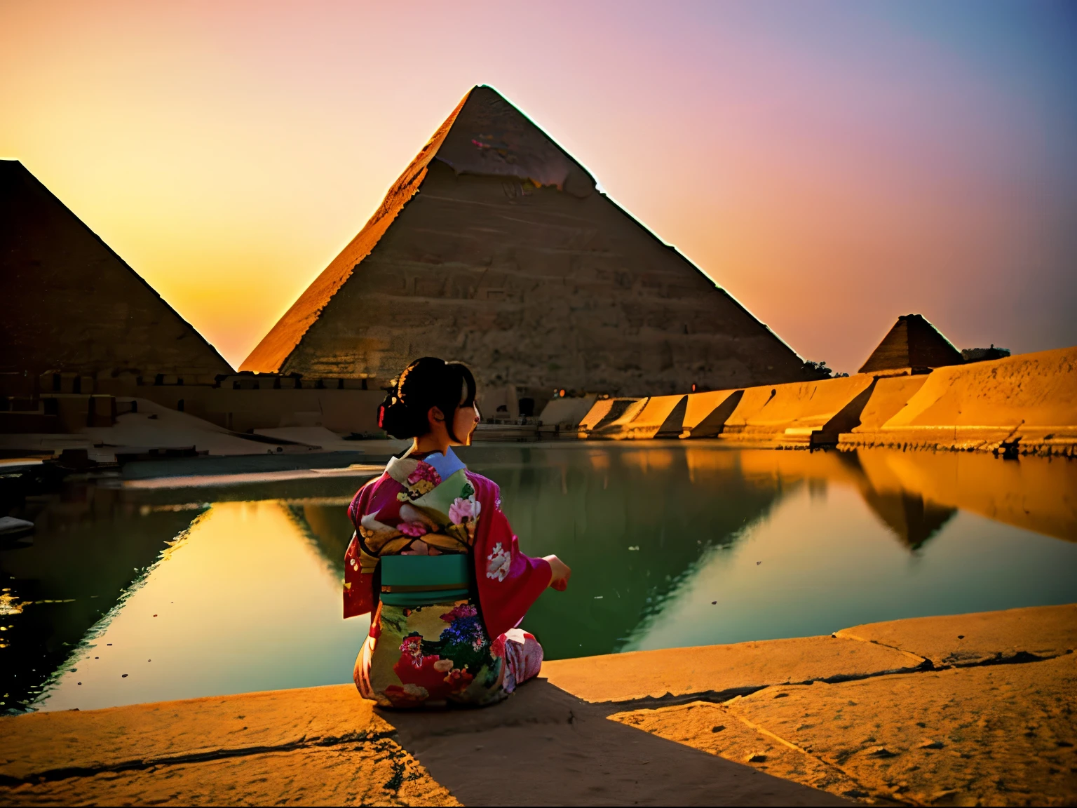 kimono、woman、In front of the pyramid、Egypt、Sunset、masterpiece、photo realitstic:1.5,