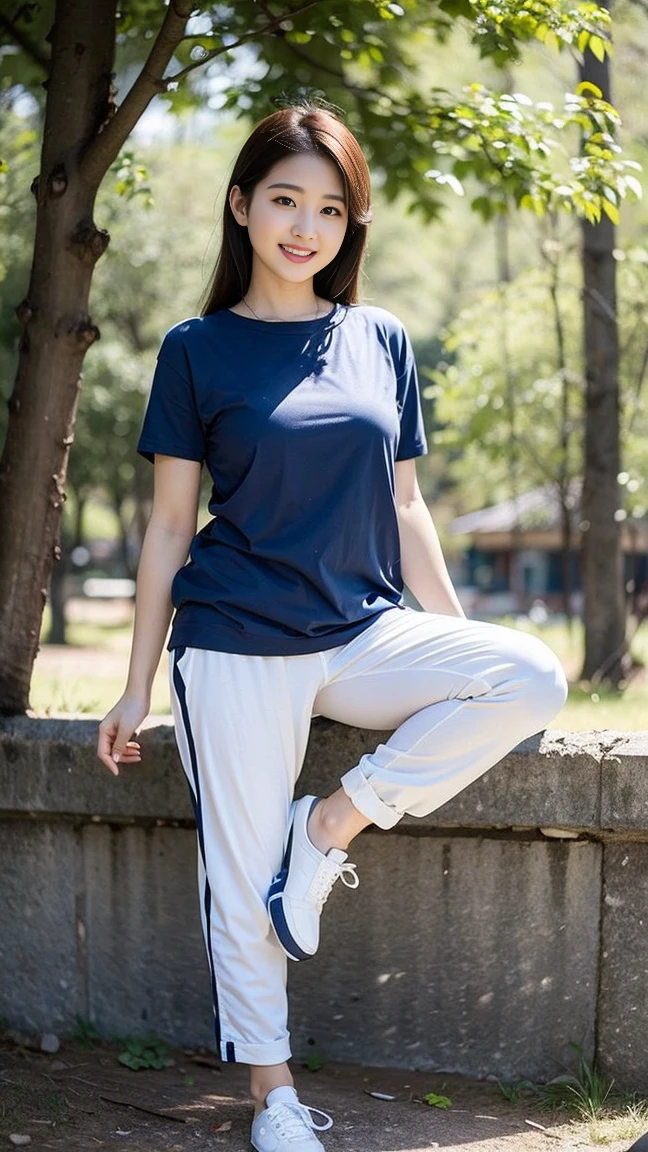 masterpiece, best quality, Surreal, Ultra Detailed, 8k resolution, RAW photos, Clear focus, (A girl in the forest), ((navy blue shirt:1.1)), Short sleeve, Long sweatpants,Full body posture, Solitary, Perfect body, Become a, 32 inches in the chest,(a charming smile:1), (sexy pose)，26 years old, light,White shoes