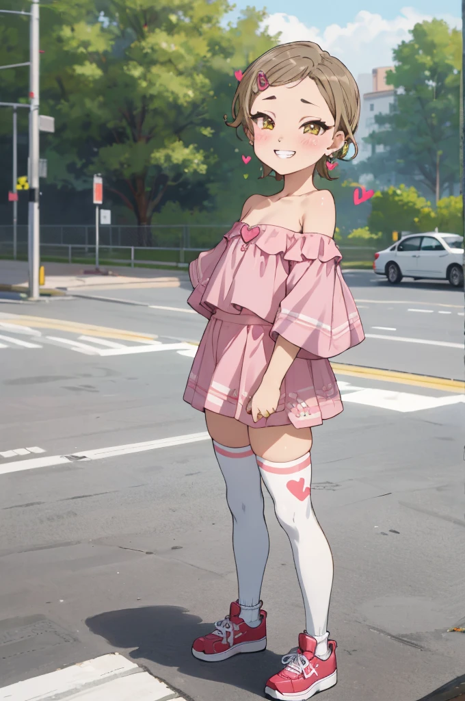 masterpiece, best quality, absurdres, 
1girl, ,, blush, (((gyaru))),socks,looking viewer,,spoken heart,6yo,(petite),flat chest,,outdoor,grin,,socks,earring,standing,from side,off shoulder,miniskirt,thighhighs