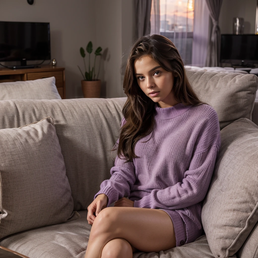 Female supermodel. Cute, adorable. Royal purple sweater. Sitting on gray sofa. Living room. Dim, soft lighting. Sunset.