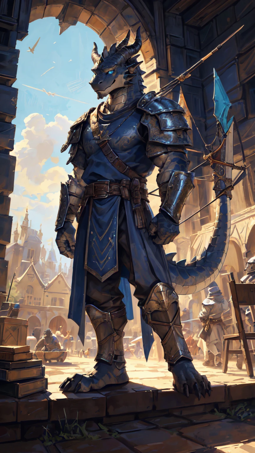 ((middle Ages:1.3，Range background:1.5))，Royal Family:1.2，((Crossbowmen:1.6，Crossbow in hand:1.5))，((sunny:1.4))，high resolution，4K，(((9:16 Whole body:1.1，Strike a pose:1.5)))，masterpiece，high quality，((dragon))，male，dragonFurry，(ager:1.3)，hairy，((Heroic and Calm:1.4))，(((Slender face:1.2，Lean:1.2，Long legs:1.3，Thick dragon tail:1.2)))，(((Gray head:1.2，Blue pupils:1.2，neck:1.3，Gray Hands:1.4，muscle:1.3)))，(((White Armor:1.3，There is a blue flag on the armor:1.4)))，Exquisite eyes，Detailed body，Detailed hands，Detailed feet，Kenket&#39;s Art