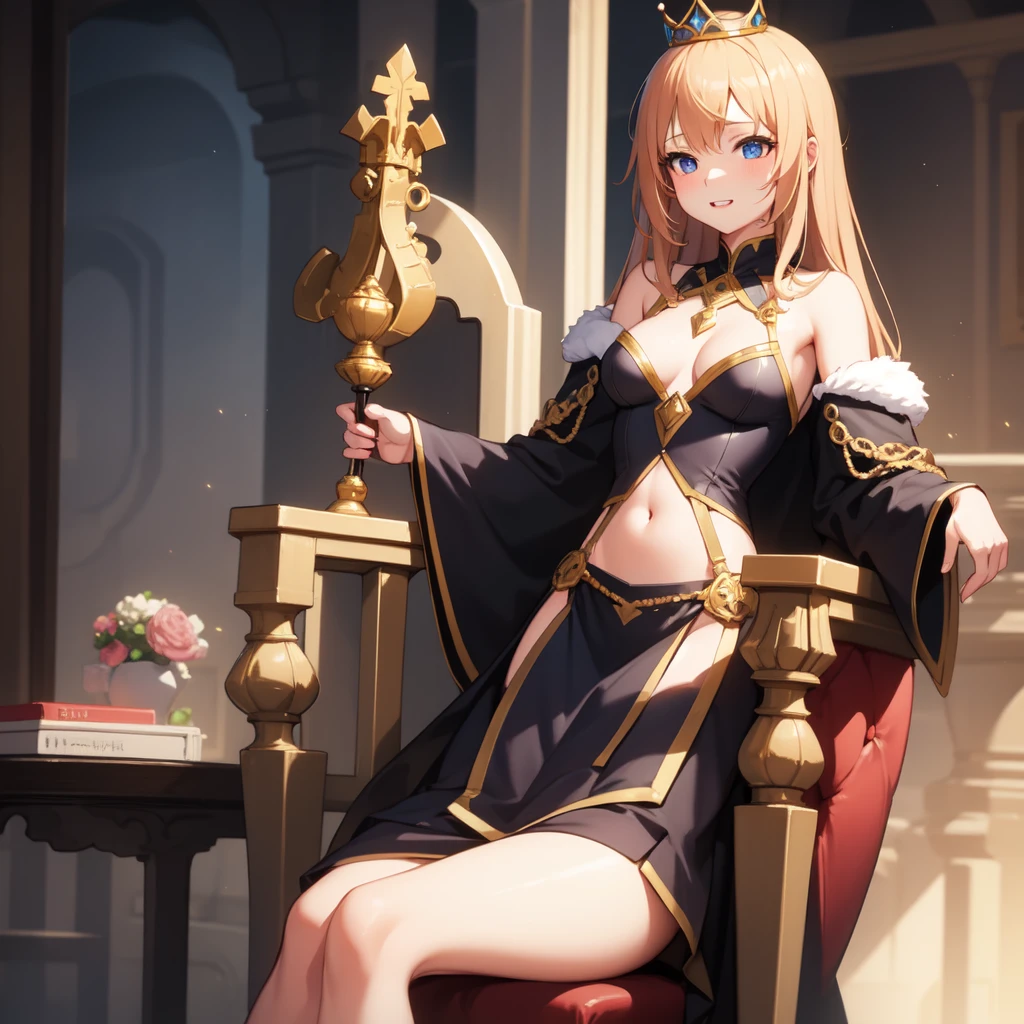 Highest quality、Ultra-high resolution、Fantasy、roleplaying game、Sexy small breasted woman sitting on a throne and wearing a crown、Audience Chamber