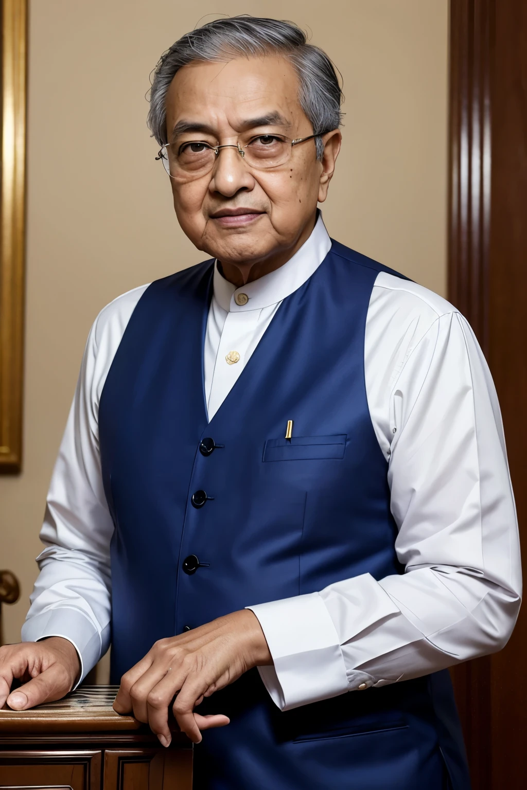 Title: "Mahathir Mohamad: The Wisdom of a Modern Statesman"
Masterpiece: 1.3, Realistic, High Resolution, Best quality,
Mature Malay man with a distinguished air, Mahathir Mohamad, Masterpiece, Kaliedoscopic Spectacles, Serene Expression, Deep-set eyes that hold decades of wisdom, 1man, Dapper in a traditional Baju Melayu, Crisp White Shirt, Royal Blue Songkok tilted ever so slightly, Hands placed calmly on a glass table, Ageless, Noble, Aura of Power and Leadership, Historical Office, Inside Putrajaya's Per