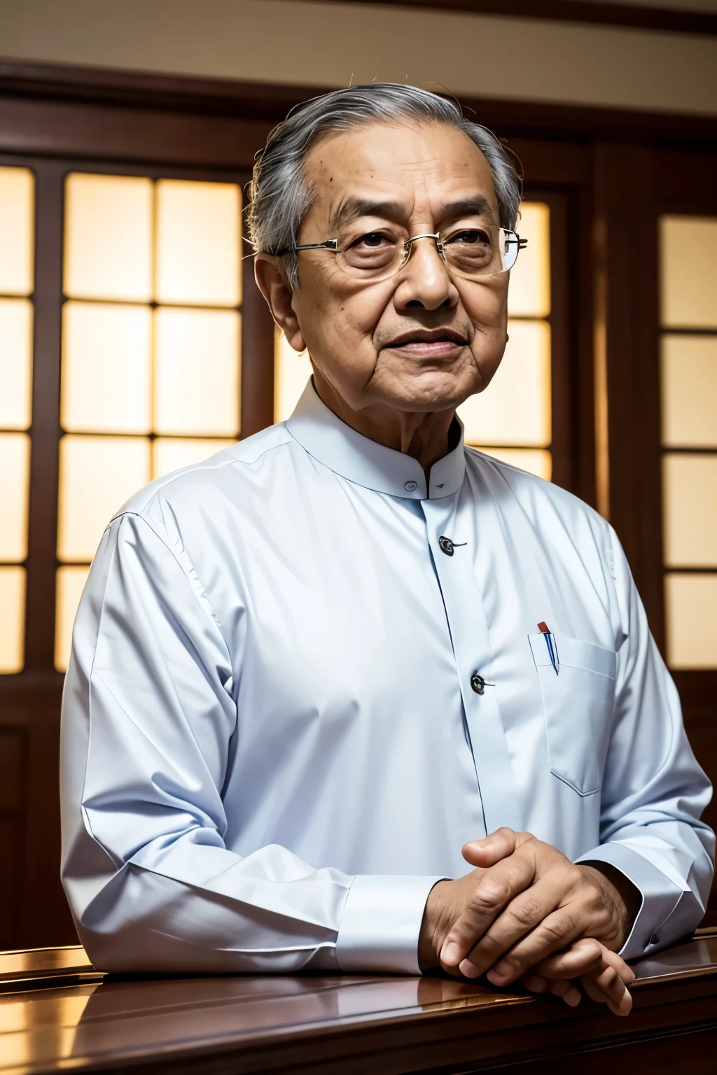 Title: "Mahathir Mohamad: The Wisdom of a Modern Statesman"

Masterpiece: 1.3, Realistic, High Resolution, Best quality,
Mature Malay man with a distinguished air, Mahathir Mohamad, Masterpiece, Kaliedoscopic Spectacles, Serene Expression, Deep-set eyes that hold decades of wisdom, 1man, Dapper in a traditional Baju Melayu, Crisp White Shirt, Royal Blue Songkok tilted ever so slightly, Hands placed calmly on a glass table, Ageless, Noble, Aura of Power and Leadership, Historical Office, Inside Putrajaya's Per