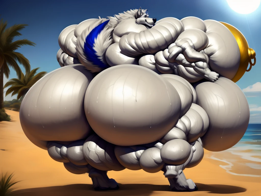 4k, high resolution, best quality, perfect lightning, perfect, solo, anthro, young, boy,white wolf:2.0, furry body, (fluffy mane:1.2), fluffy tail, male, adult, (bulky, thick muscles2:0, huge muscles:2.0, hyper muscles:2.0), (thick biceps, veiny biceps, broad shoulders:2.0), (thick legs, thick calves:1.1), (digitigrade legs, 4 toes:1.2), perfect colors, (photorealistic fur, detailed fur, epic, masterpiece), (suggestive posing:1.2), (seductive smile, lustful grin 1.3), detailed beach:2.0,detailed wolf eyes:2.0, by k0suna, by darkgem,nipple ring,hyper arms:2.0,veins,white body,white fur,hyper butt:2.0,hyper paws:2.0,standing,thick legs,thick butts:2.0,sweat body:2.0,massive butt:2.0,hyper ass:2.0,huge ass:2.0,presenting butt:2.0,long legs,juicy butt:2.0,hyper ass,presenting back,thick shank,insanely inflated hips,hyper balls