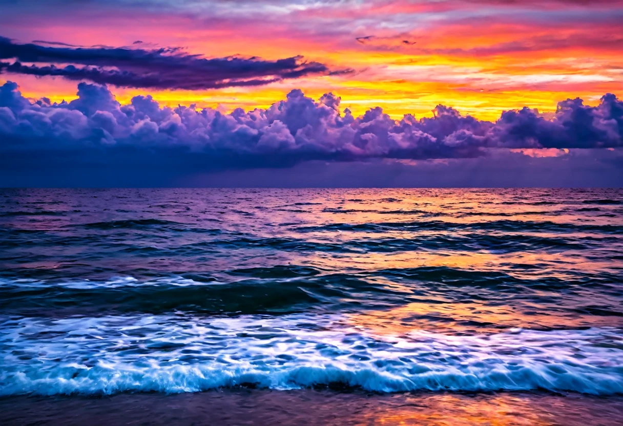 Capture an image or create an artwork of the sky at sunset over the ocean. Focus on how the colors reflect on the water and the interplay between clouds and light.