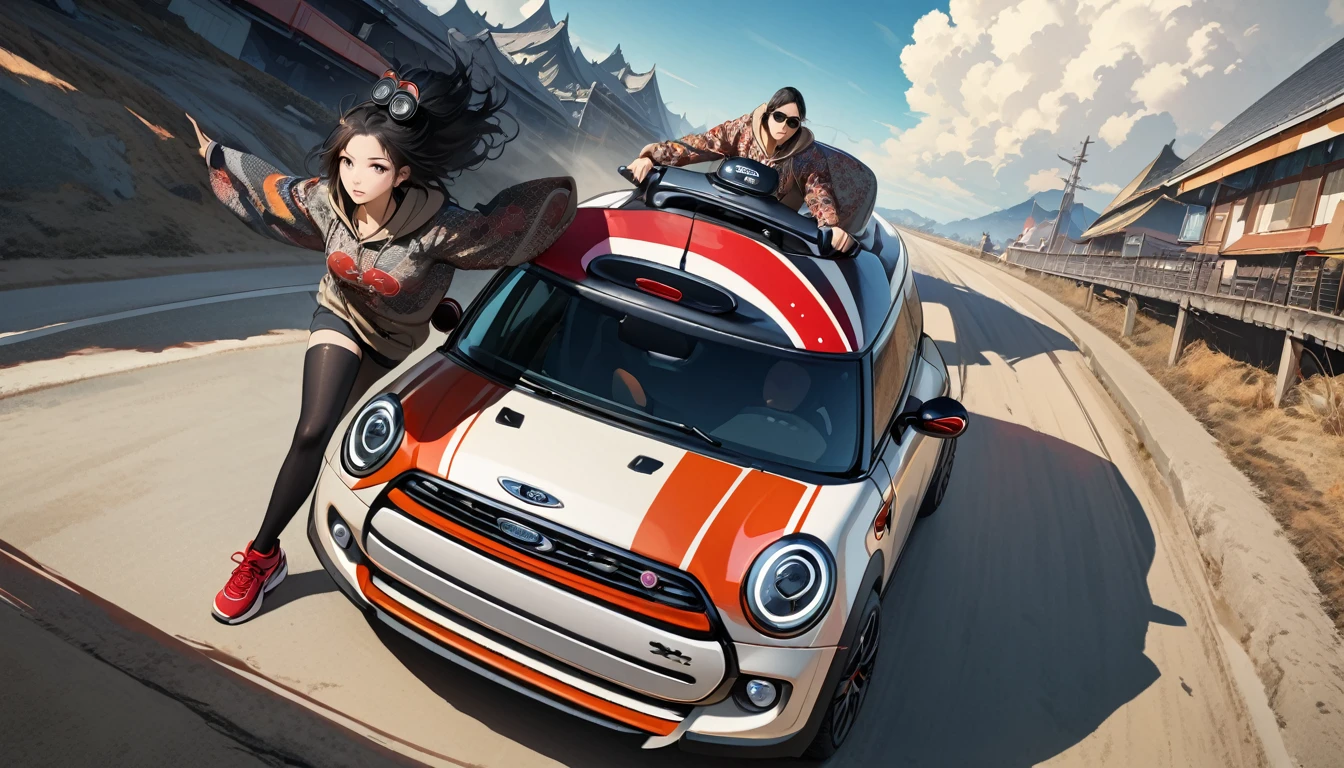 ((8k of extremely detailed CG unit, Masterpiece, high resolution, highest quality, highest quality real texture skin)), (wearing Japanese pattern headphones), ((1 girl)), (((Driving a Mini Cooper))), (((sunglasses))), (Japanese pattern hoodie, Japanese-style shorts), (Black hair, messy hair, beige skin), (surreal, digital painting)