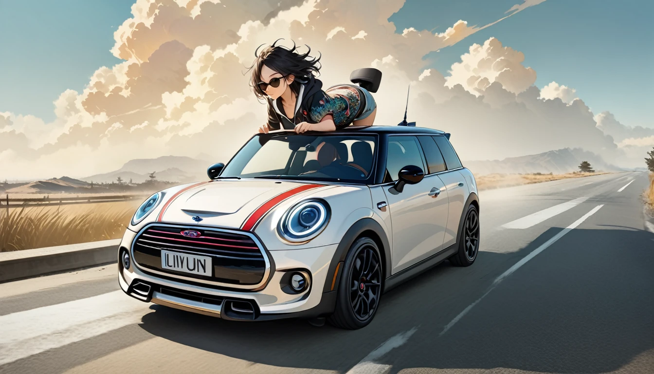 ((8k of extremely detailed CG unit, Masterpiece, high resolution, highest quality, highest quality real texture skin)), (wearing Japanese pattern headphones), ((1 girl)), (((Driving a Mini Cooper))), (((sunglasses))), (Japanese pattern hoodie, Japanese-style shorts), (Black hair, messy hair, beige skin), (surreal, digital painting)
