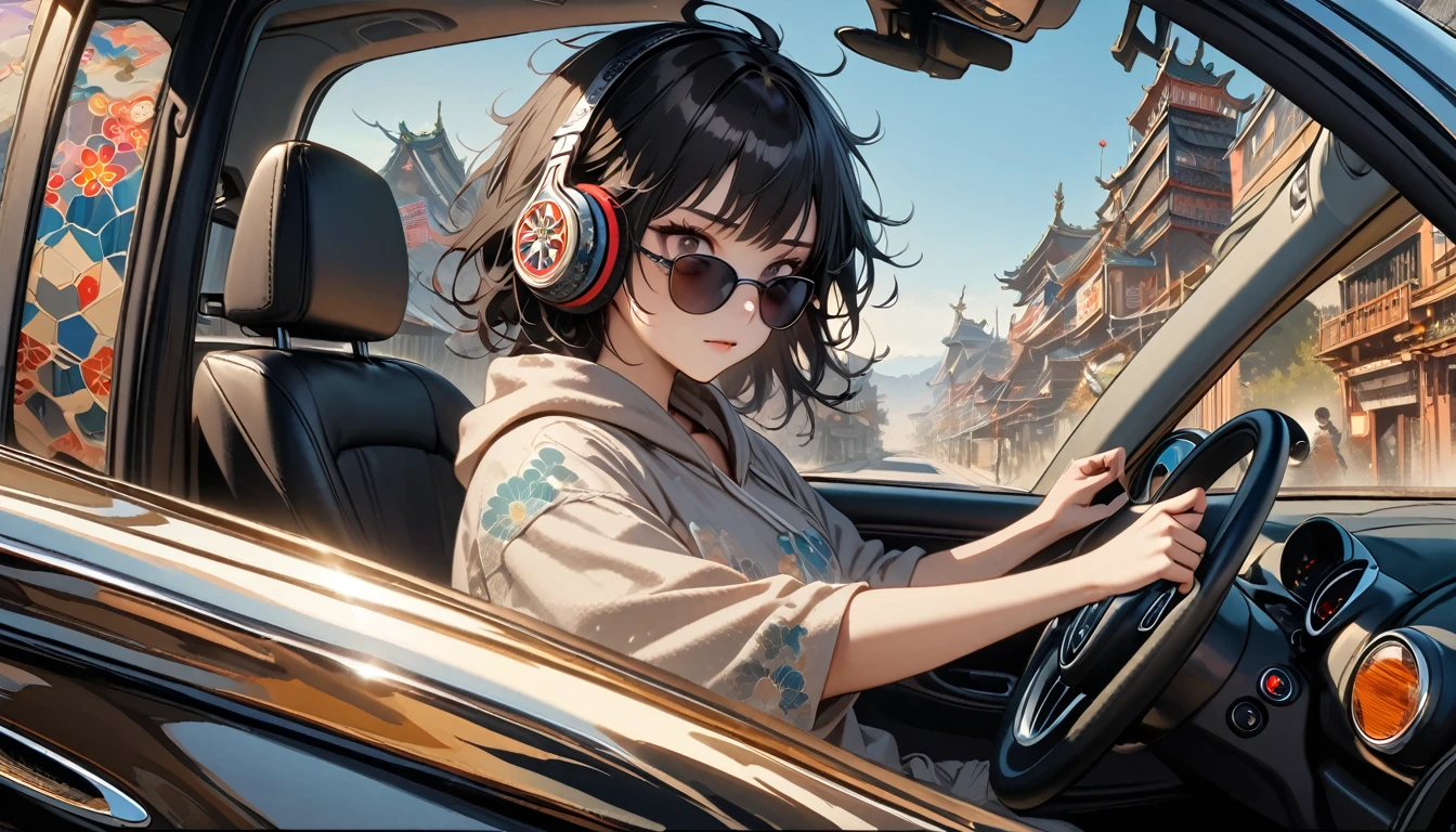 ((8k of extremely detailed CG unit, Masterpiece, high resolution, highest quality, highest quality real texture skin)), (wearing Japanese pattern headphones), ((1 girl)), (((Driving a Mini Cooper))), (((sunglasses))), (Japanese pattern hoodie, Japanese-style shorts), (Black hair, messy hair, beige skin), (surreal, digital painting)