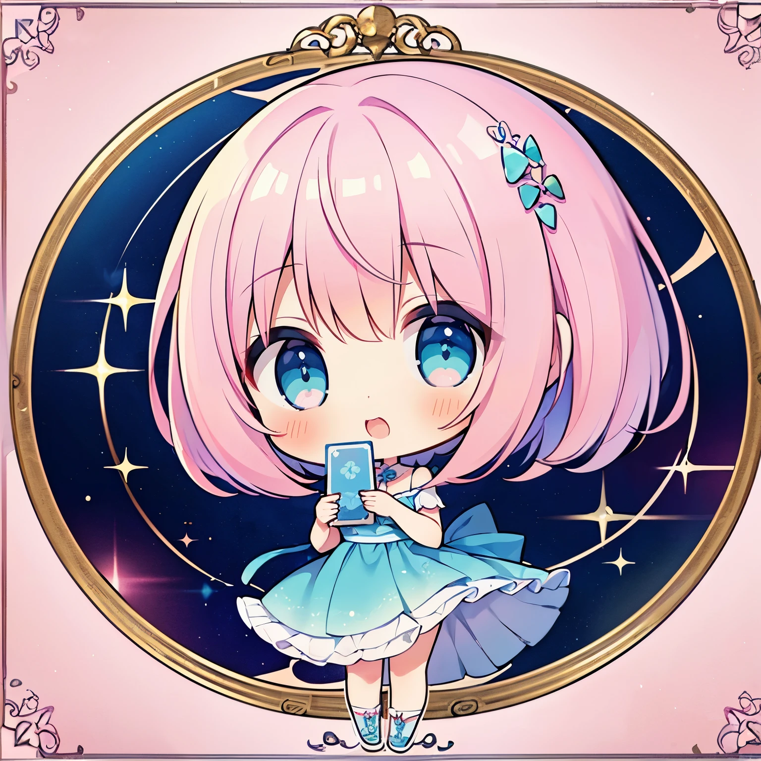 (masterpiece),(Highest quality), (Ultra-high resolution),girl , Bobcut,  chibi,Laughing、Fortune telling card reading、Holding a card in one hand、Blue dress、Pink and teal gradient hair、Pink and blue gradient eyes、White ribbon in her hair、People only、whole body、No background