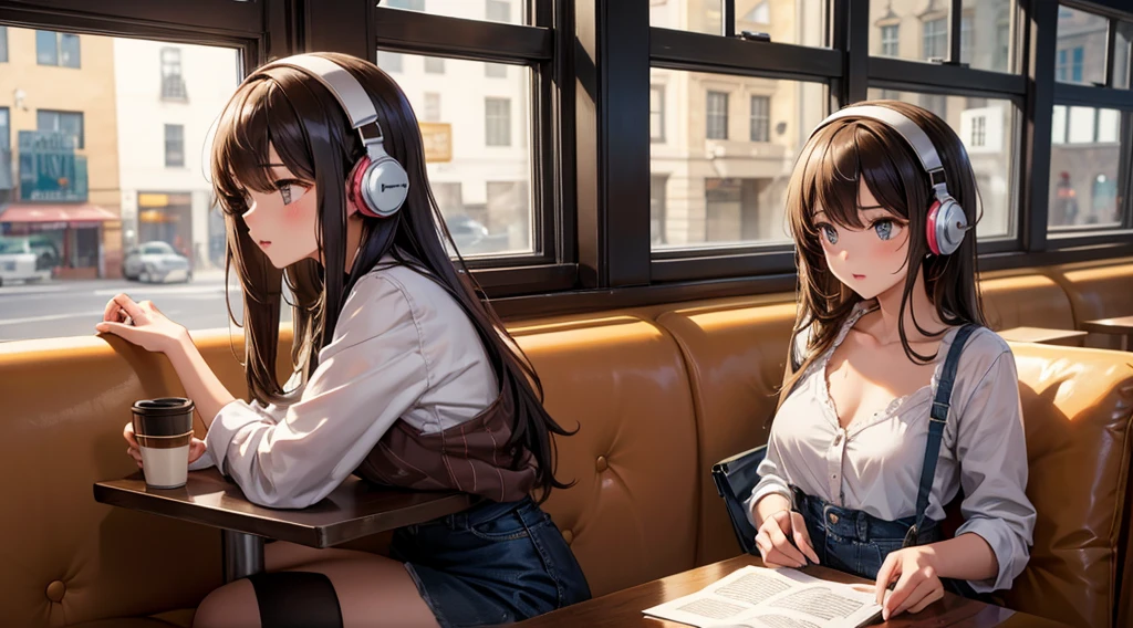 Girl with headphones enjoying music in a cafe　I am studying　Emphasize a little bit of the chest