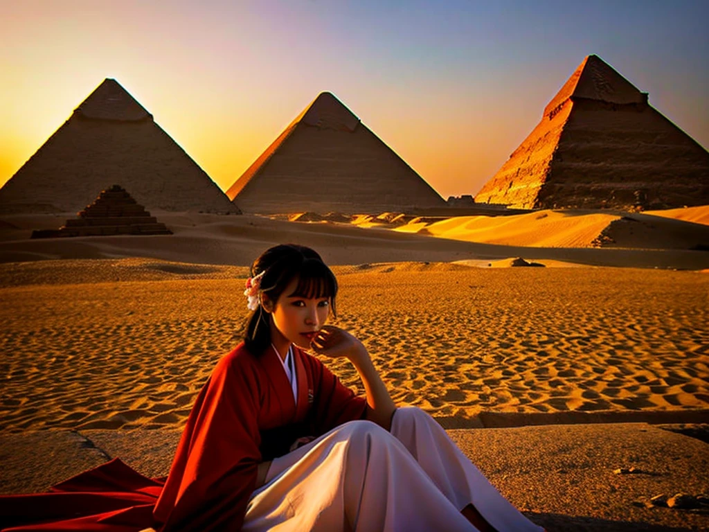 kimono、woman、In front of the pyramid、Egypt、Sunset、masterpiece、photo realitstic:1.5,