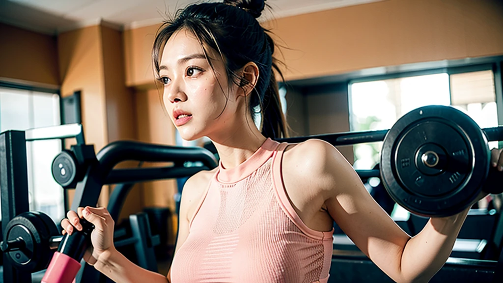 1girl, Running, gym, tight light pink workout clothes,