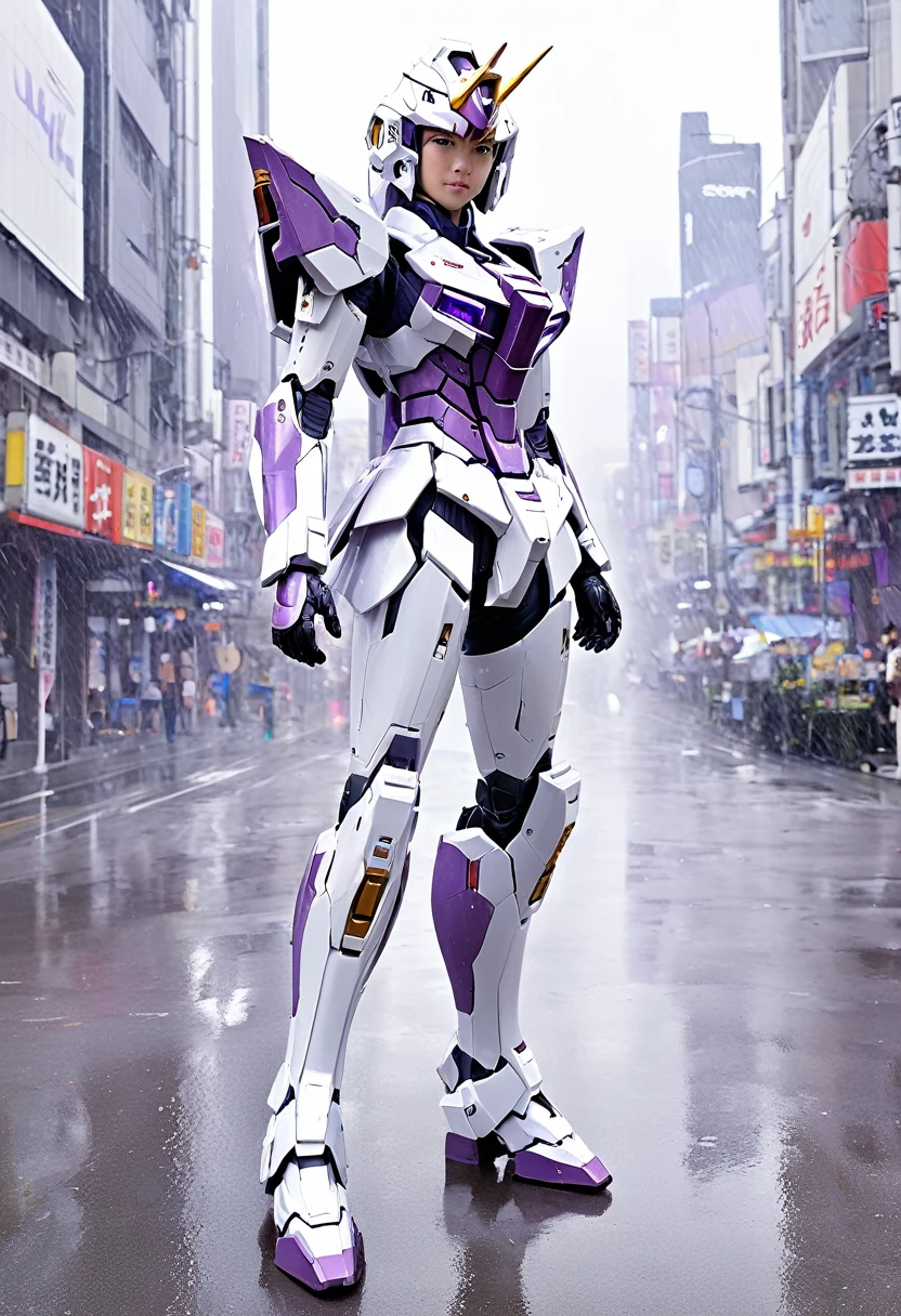 (highest quality、8K、32k、masterpiece、UHD:1.2、perfect body beauty:1.2、Wearing armor gundam a futuristic hero suit with a pale purple and white shine:1.5、rain、street、Cute 25 year old Japan woman、simple background、looking at the viewer、dynamic pose:1.5, full body