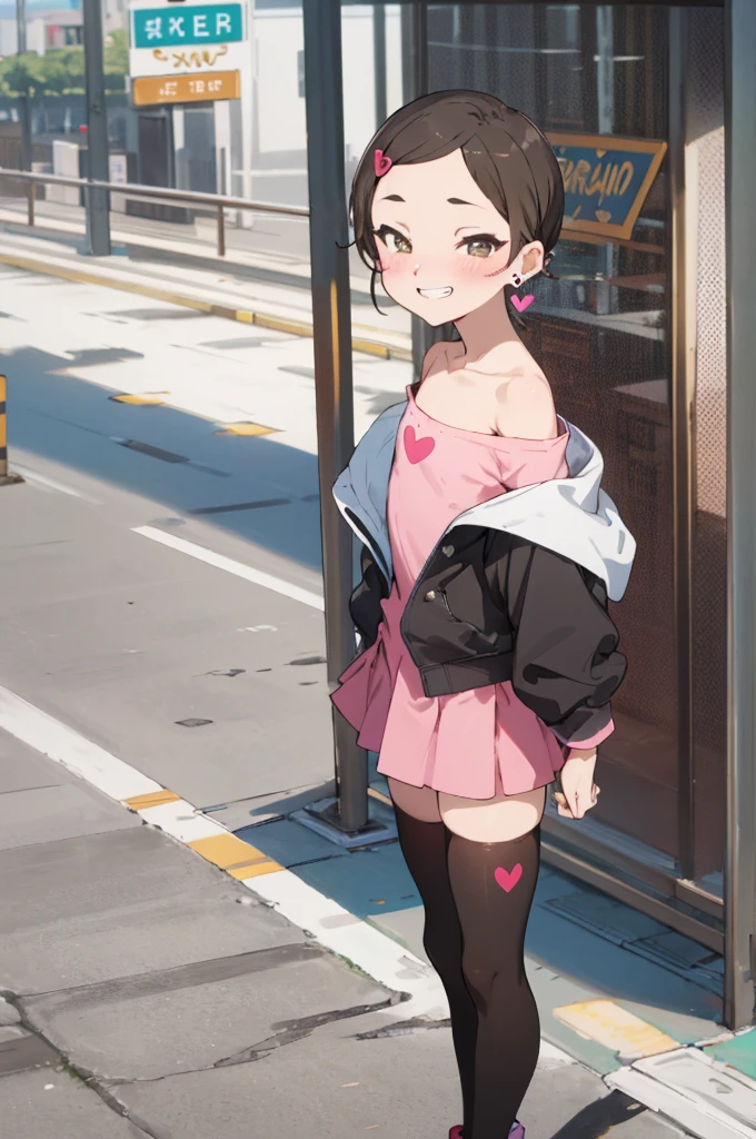 masterpiece, best quality, absurdres,
1girl, ,, blush, socks,looking viewer,,spoken heart,,(petite),flat chest,,outdoor,grin,,socks,earring,standing,from side,off shoulder,miniskirt,thighhighs