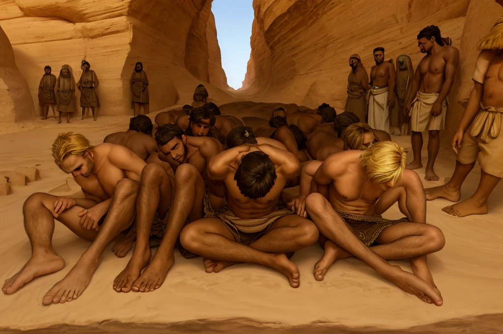 group of blond men prisoners crouched claustrophobic prison yard quarry mountain desert Sahara, very tanned primitive short beard brutish sad Neanderthal Russian young men wearing loincloth and barefoot, flaxen blond, Arab guards