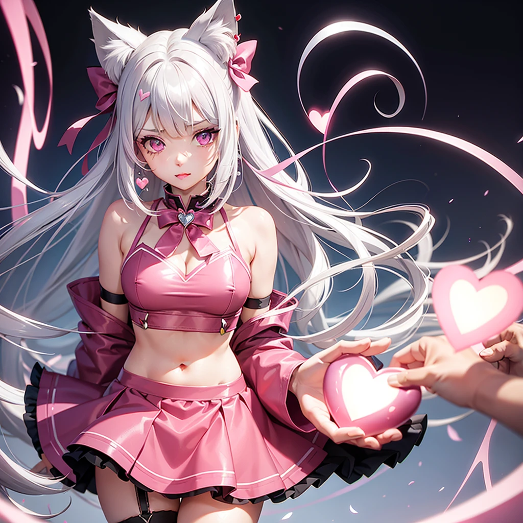 Silver hair, pink eyes, body, cat ears, sexy girl, earrings, hearts background fantasy, red pink skirt uniform, hair bows