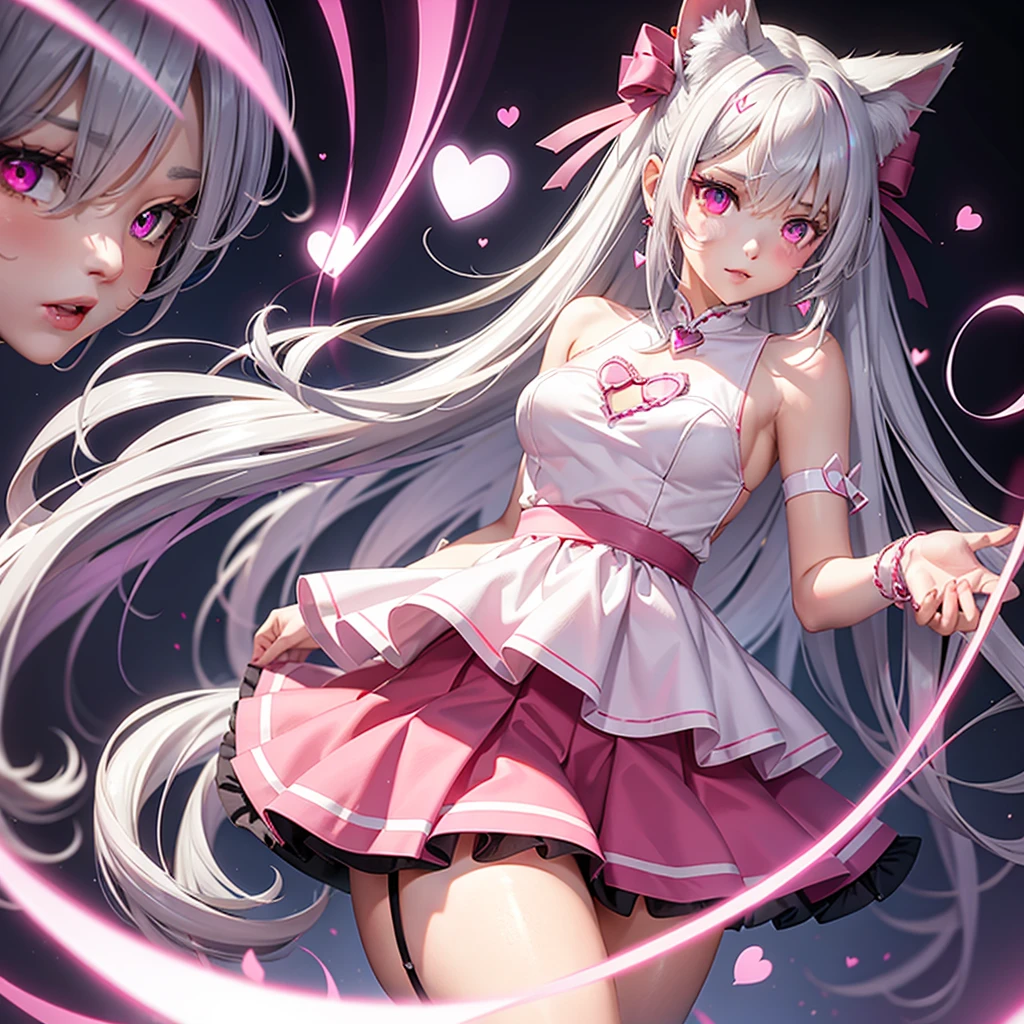 Silver hair, pink eyes, body, cat ears, sexy girl, earrings, hearts background fantasy, red pink skirt uniform, hair bows