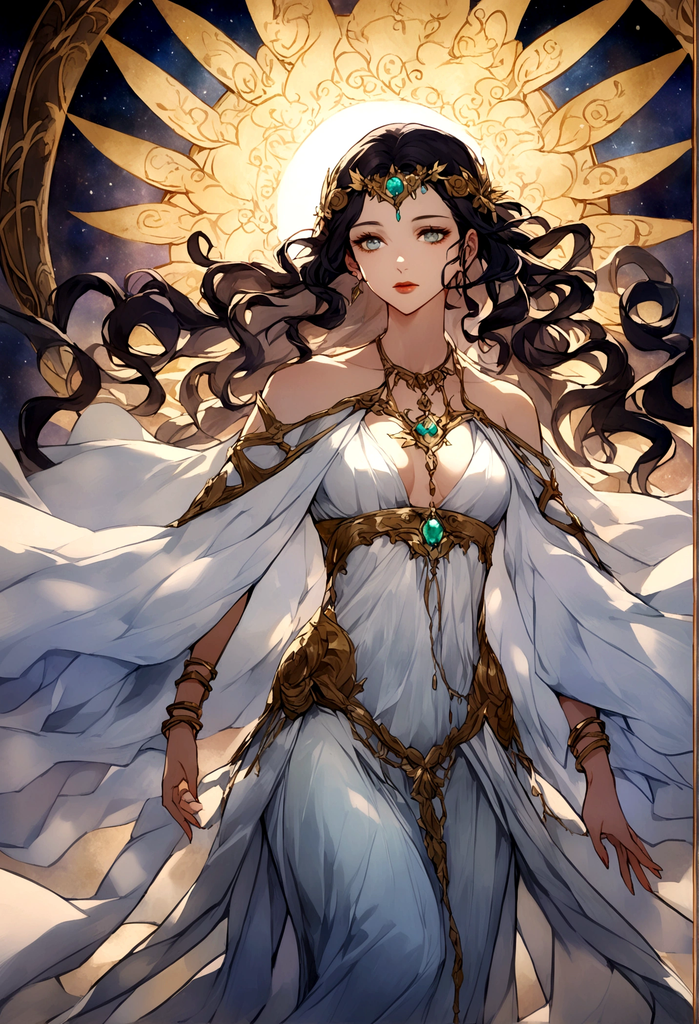 Create an image of Lyra, the semi-goddess, depicted with subtlety and intricate details that capture her divine essence. Lyra is portrayed as a figure of ethereal beauty and power, with long, flowing dark hair cascading in soft curls around her shoulders. Her eyes, deep and luminous, reflect both compassion and the unwavering determination of a leader. She exudes a celestial aura that radiates a gentle luminescence, symbolizing her connection to realms beyond the material world.
Lyra is adorned in robes of shimmering silk, which billow like water vapor, seemingly woven with threads of stardust. Adornments such as bracelets encrusted with gemstones emit a soft glow, and a pendant around her neck contains what appears to be a miniature universe. Her attire and accessories denote her status as a semi-goddess, embodying both elegance and a profound spiritual presence.
In the background, the scene should evoke a sense of divine tranquility and cosmic wonder. Imagery of nebulous clouds and distant stars subtly frame Lyra, underscoring her role as a guiding force amidst the cosmos. The overall composition should capture the essence of Lyra as a revered semi-goddess, embodying grace, wisdom, and otherworldly beauty.