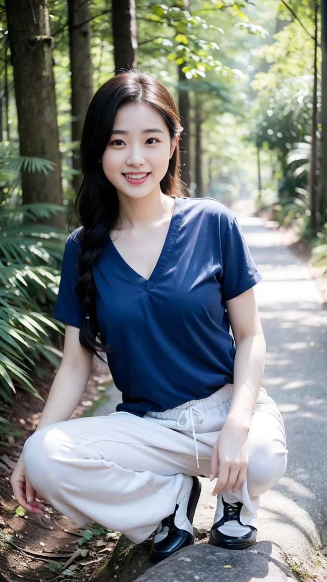 masterpiece, best quality, Surreal, Ultra Detailed, 8k resolution, RAW photos, Clear focus, (A girl in the forest), ((navy blue shirt:1.1)), Short sleeve, Long sweatpants,Full body posture, Solitary, Perfect body, Become a, 32 inches in the chest,(a charming smile:1), (sexy pose)，26 years old, light,White shoes